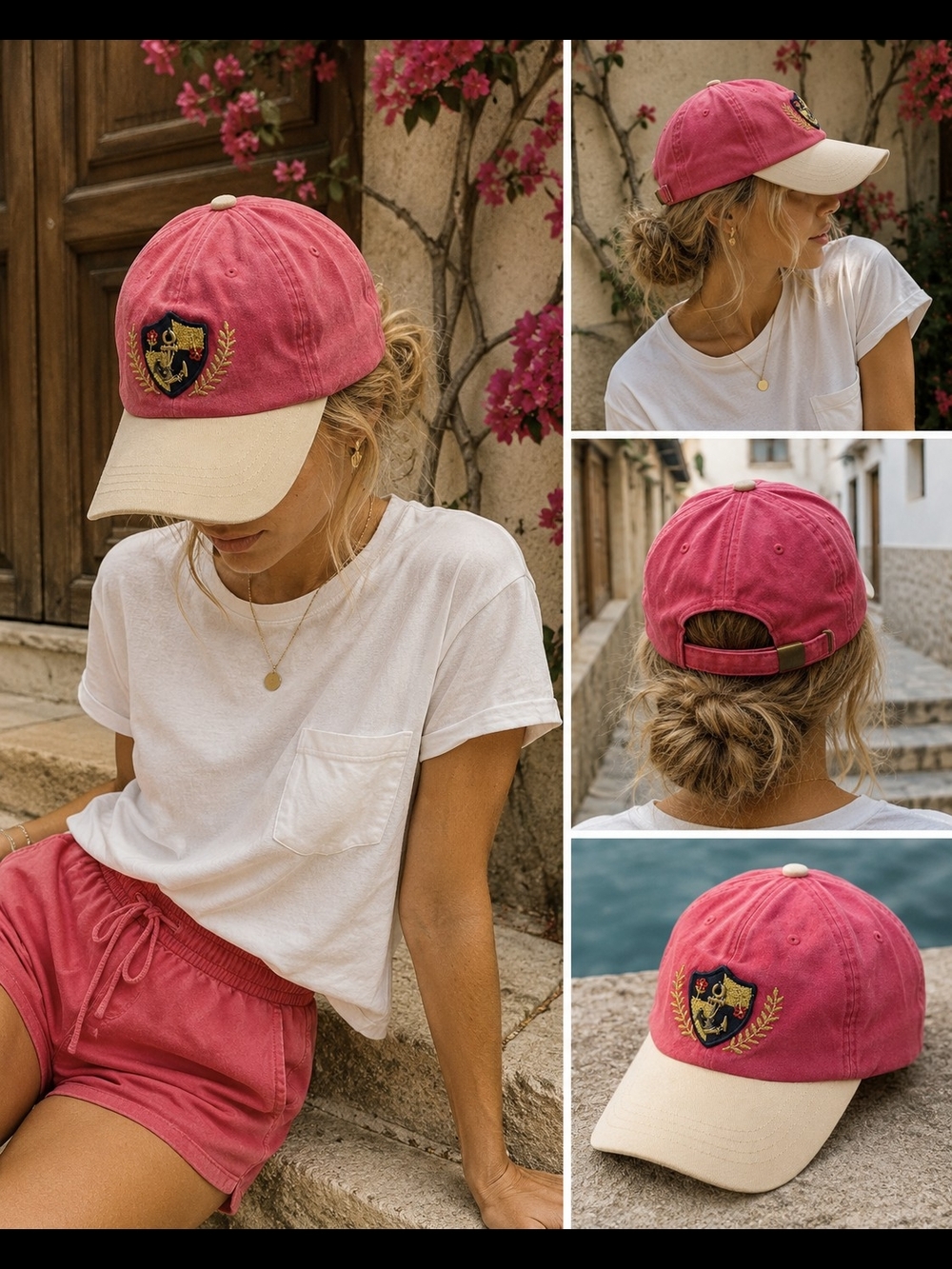 Free People Two-Tone Pink and Cream Baseball Cap with Embroidered Crest